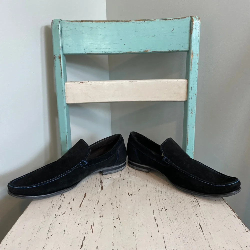 To Boot New York Adam Derrick Mens Black Suede Blue Stitch Loafers 11.5 Italy